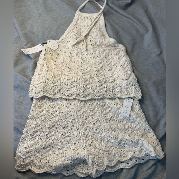 Pink Rose Cream Crochet Halter Top & Shorts 2 Piece - Size Medium - Picture 7 of 8